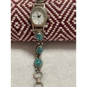 Vintage Thunderbird Ladies Watch with a 925  Turquoise Bracelet Band Signed SH